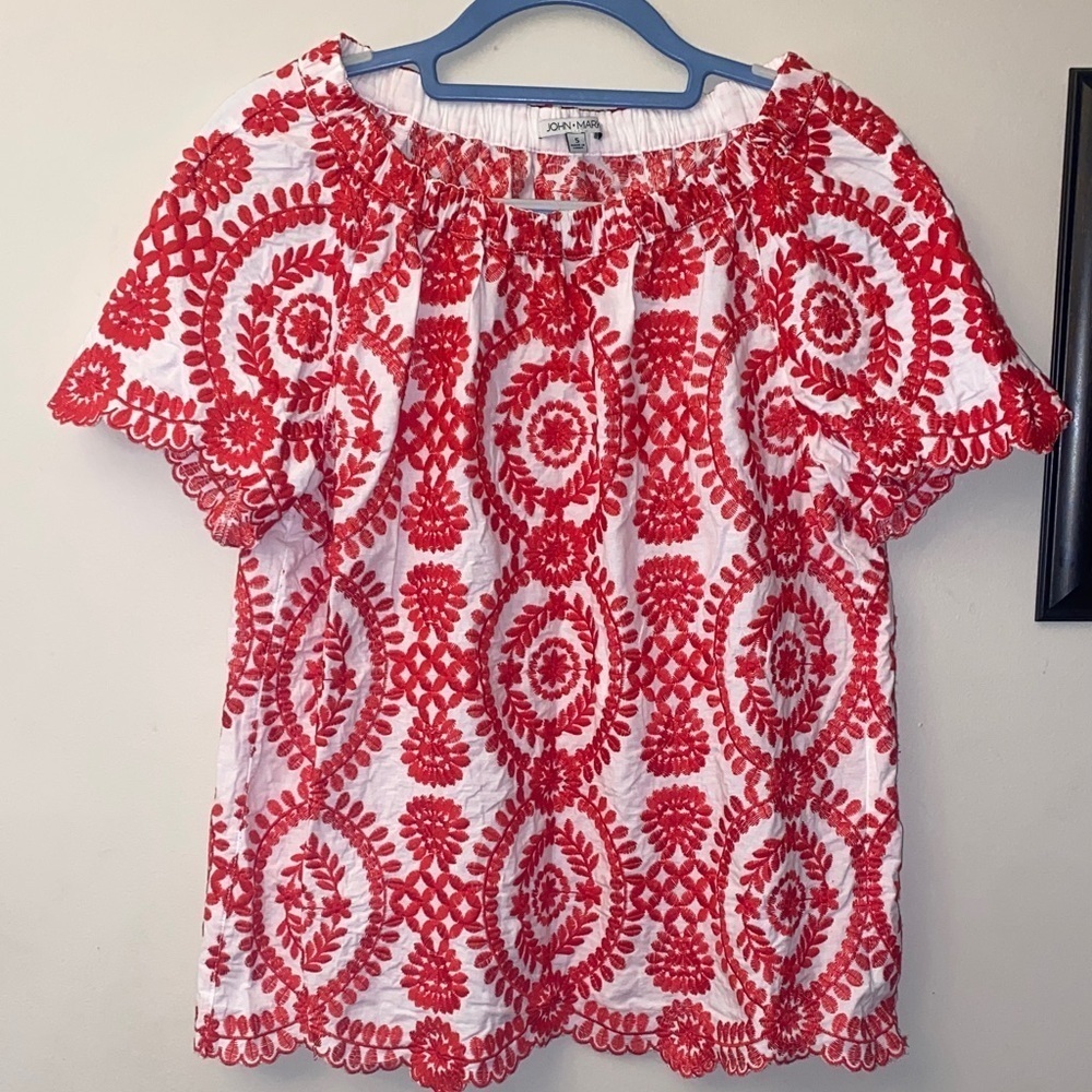 John Mark Red and White Heavily Embroidered Blouse